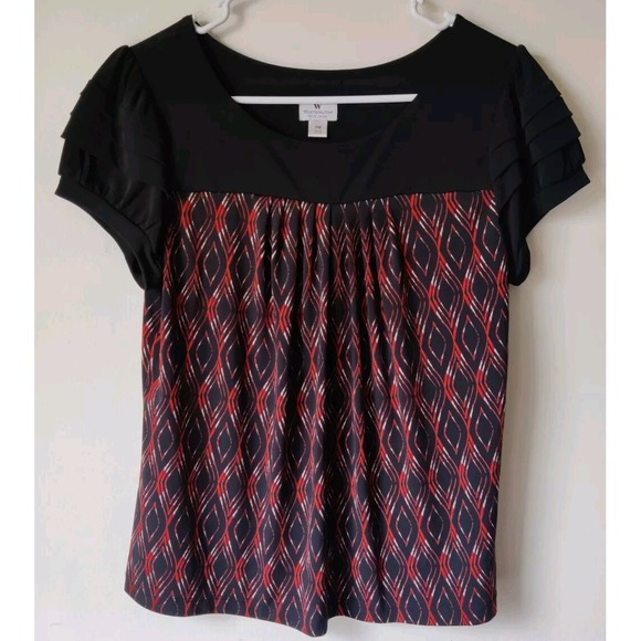 Worthington Petite Stretch Women  Black/Red Short Sleeve Blouse Size‎ PM Pleated - Picture 1 of 4